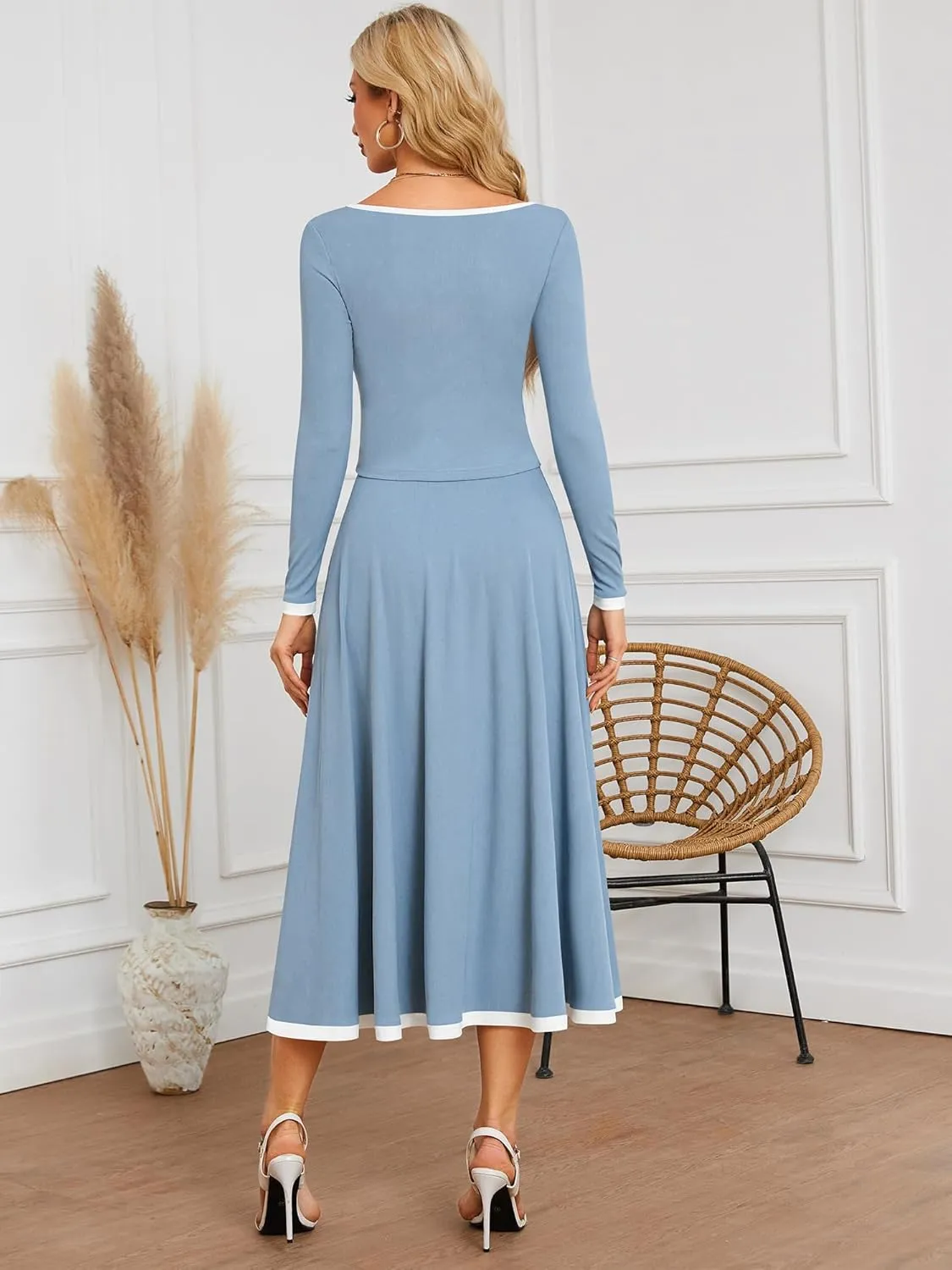 ZAFUL Two Piece Skirt Sets For Women 2024 Trendy Fall Outfits Square Neck Long Sleeve Crop Top Flowy Midi Skirt Set