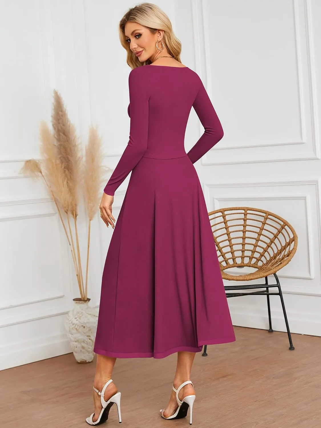 ZAFUL Two Piece Skirt Sets For Women 2024 Trendy Fall Outfits Square Neck Long Sleeve Crop Top Flowy Midi Skirt Set