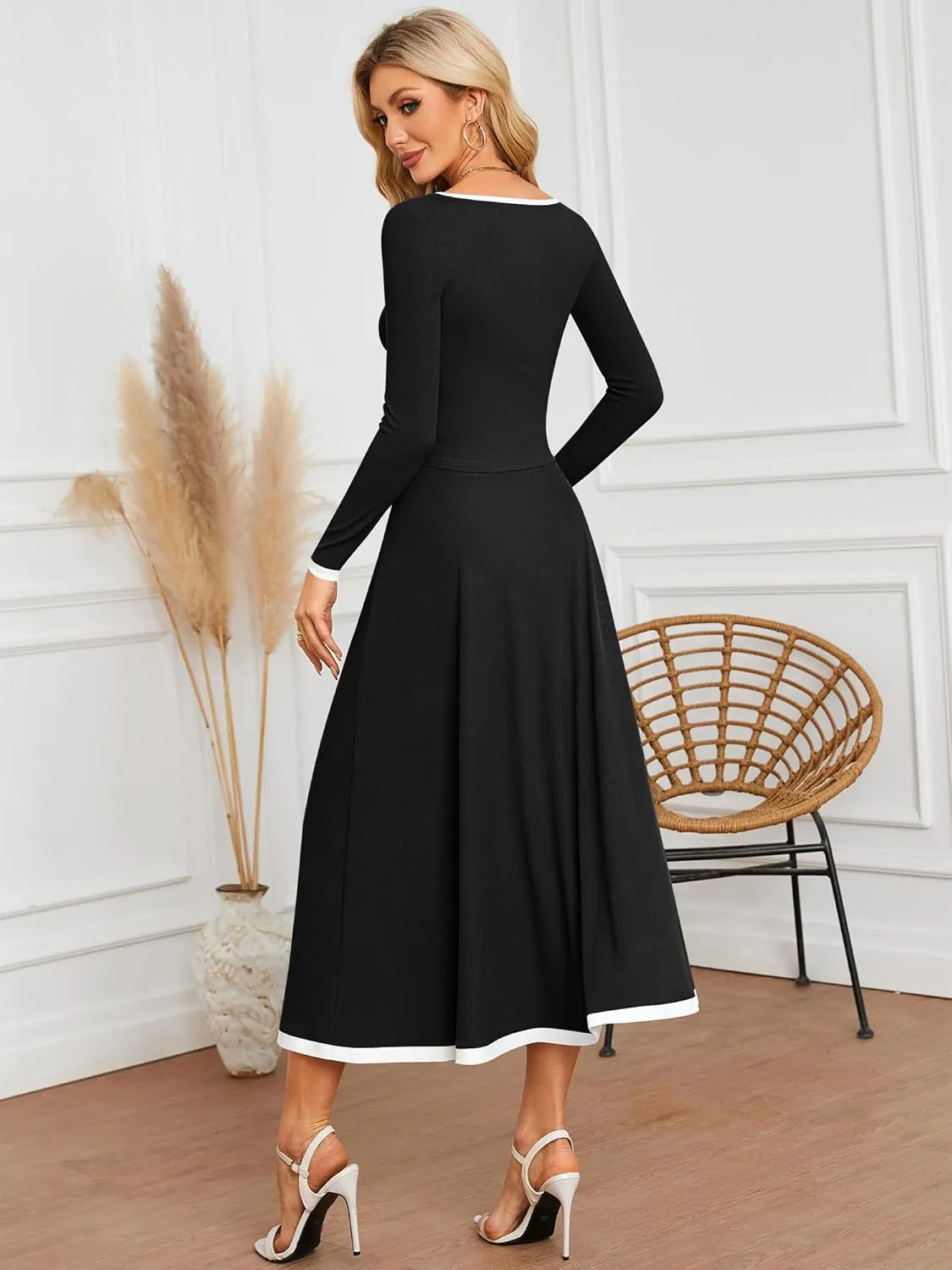 ZAFUL Two Piece Skirt Sets For Women 2024 Trendy Fall Outfits Square Neck Long Sleeve Crop Top Flowy Midi Skirt Set