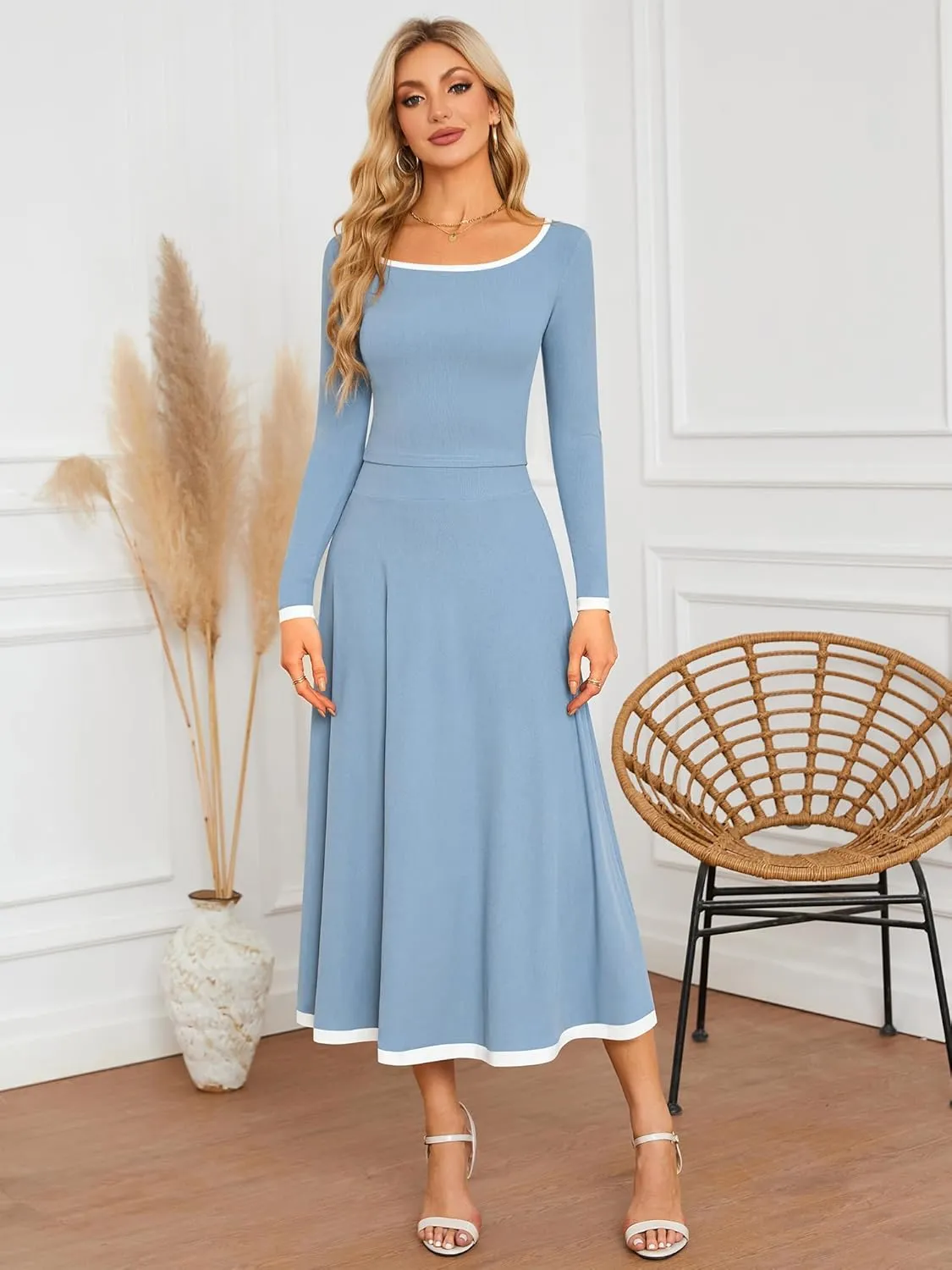 ZAFUL Two Piece Skirt Sets For Women 2024 Trendy Fall Outfits Square Neck Long Sleeve Crop Top Flowy Midi Skirt Set