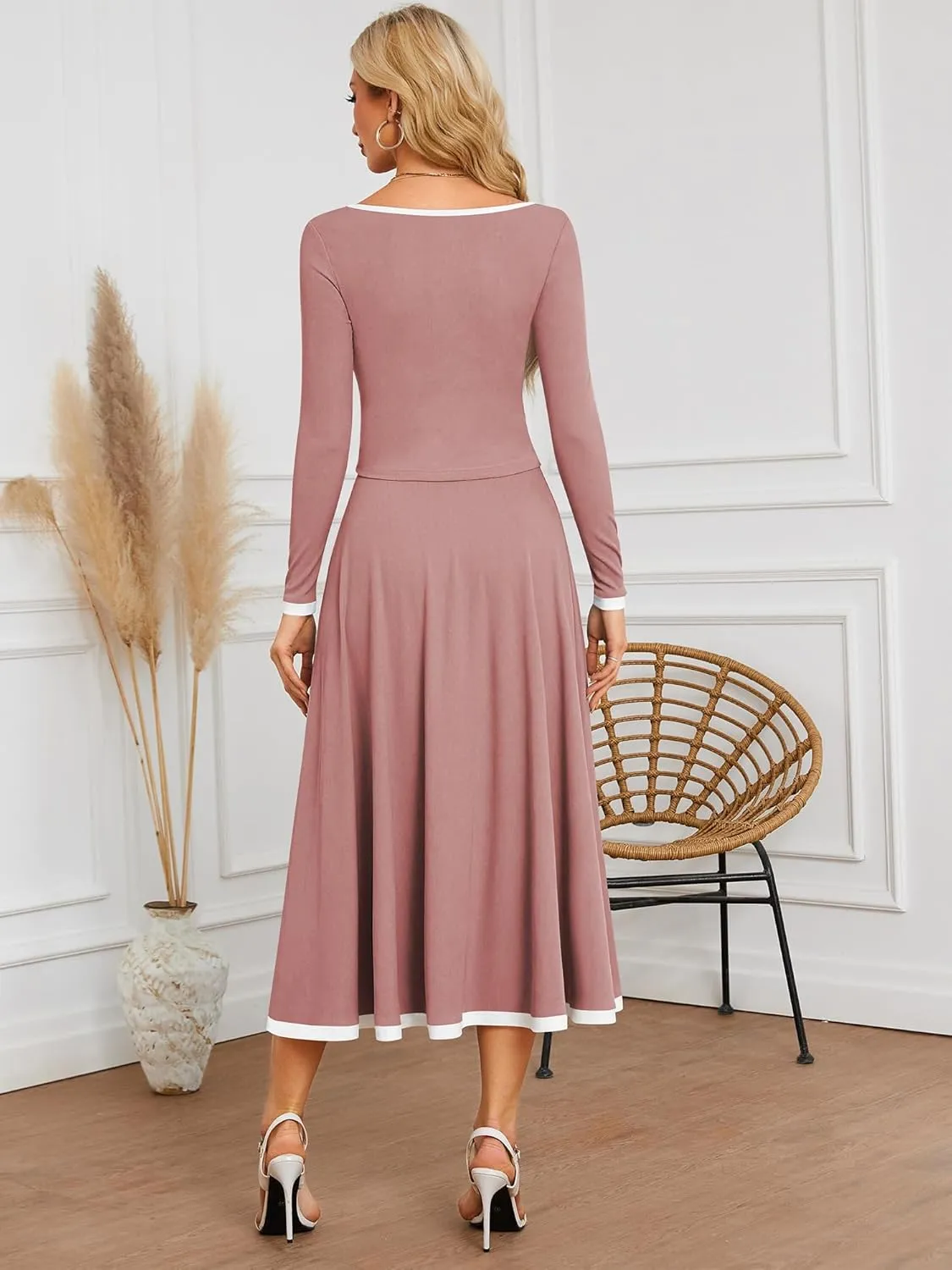 ZAFUL Two Piece Skirt Sets For Women 2024 Trendy Fall Outfits Square Neck Long Sleeve Crop Top Flowy Midi Skirt Set