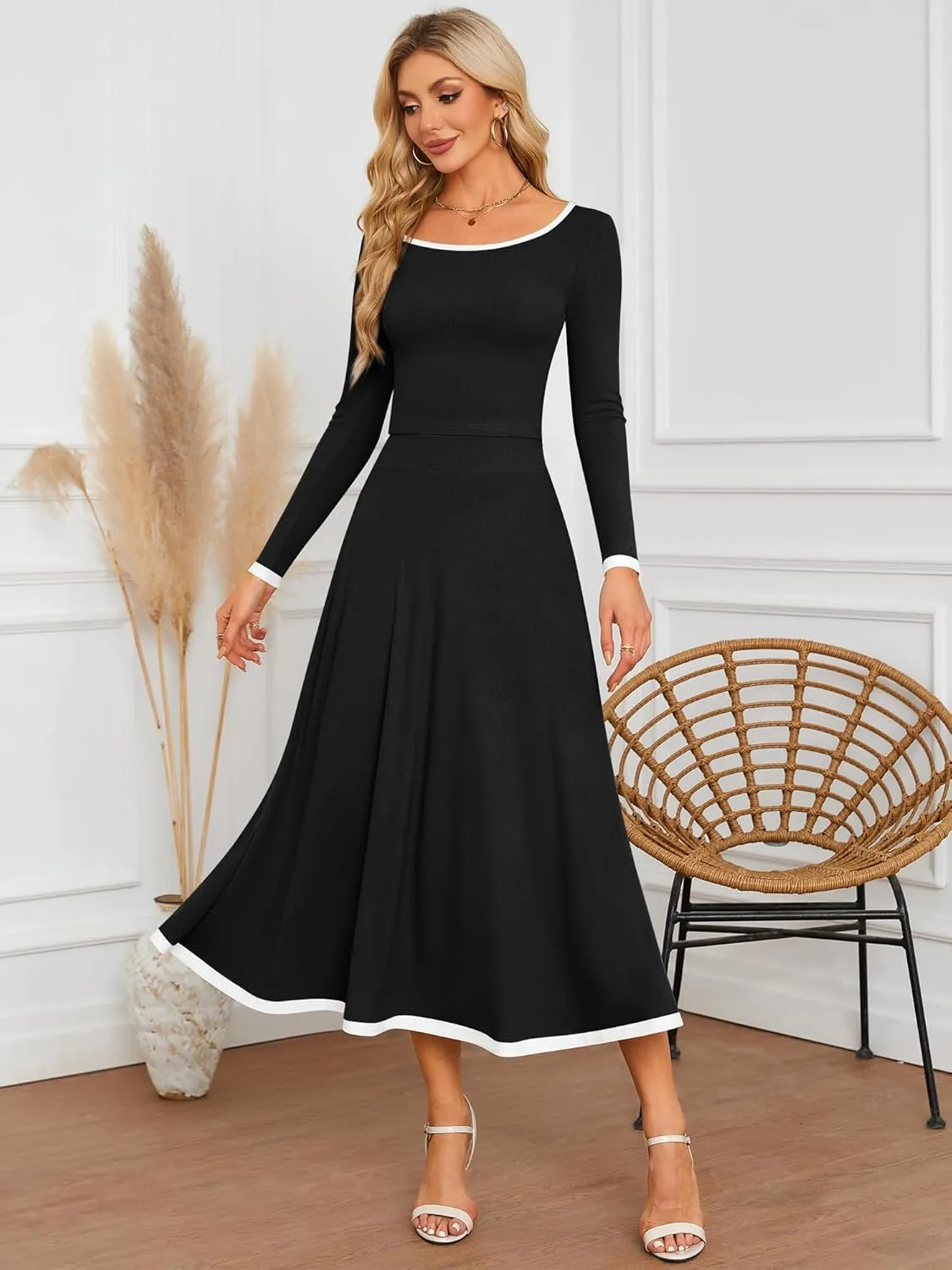 ZAFUL Two Piece Skirt Sets For Women 2024 Trendy Fall Outfits Square Neck Long Sleeve Crop Top Flowy Midi Skirt Set