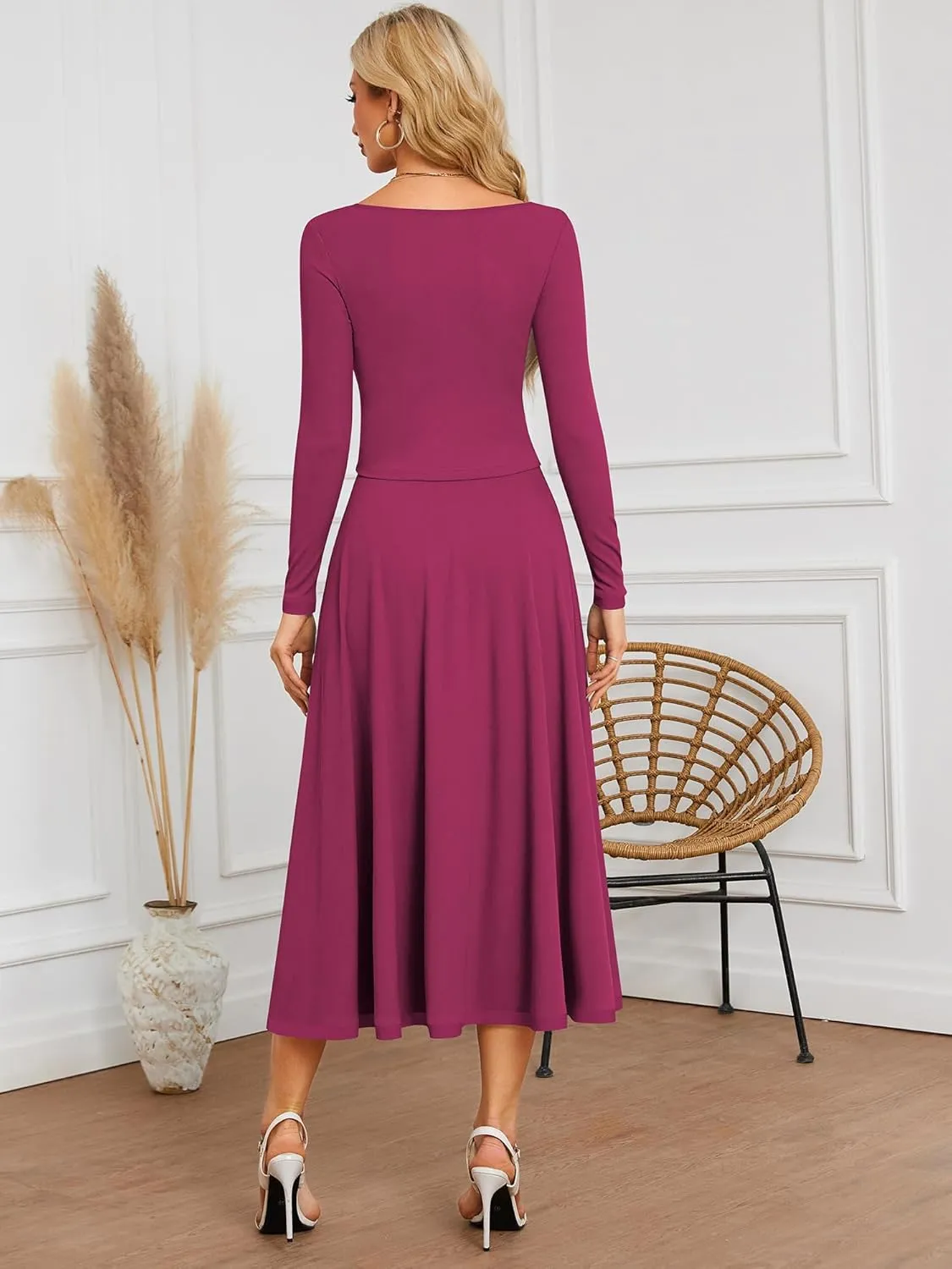 ZAFUL Two Piece Skirt Sets For Women 2024 Trendy Fall Outfits Square Neck Long Sleeve Crop Top Flowy Midi Skirt Set