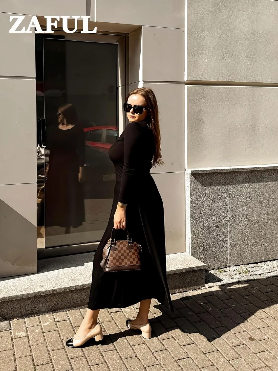 ZAFUL Two Piece Skirt Sets For Women 2024 Trendy Fall Outfits Square Neck Long Sleeve Crop Top Flowy Midi Skirt Set