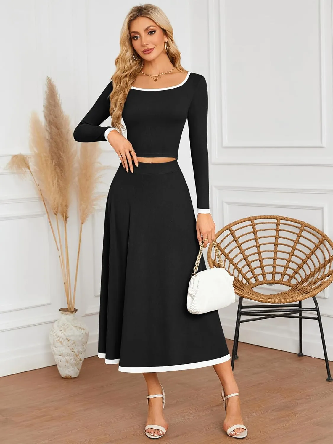 ZAFUL Two Piece Skirt Sets For Women 2024 Trendy Fall Outfits Square Neck Long Sleeve Crop Top Flowy Midi Skirt Set