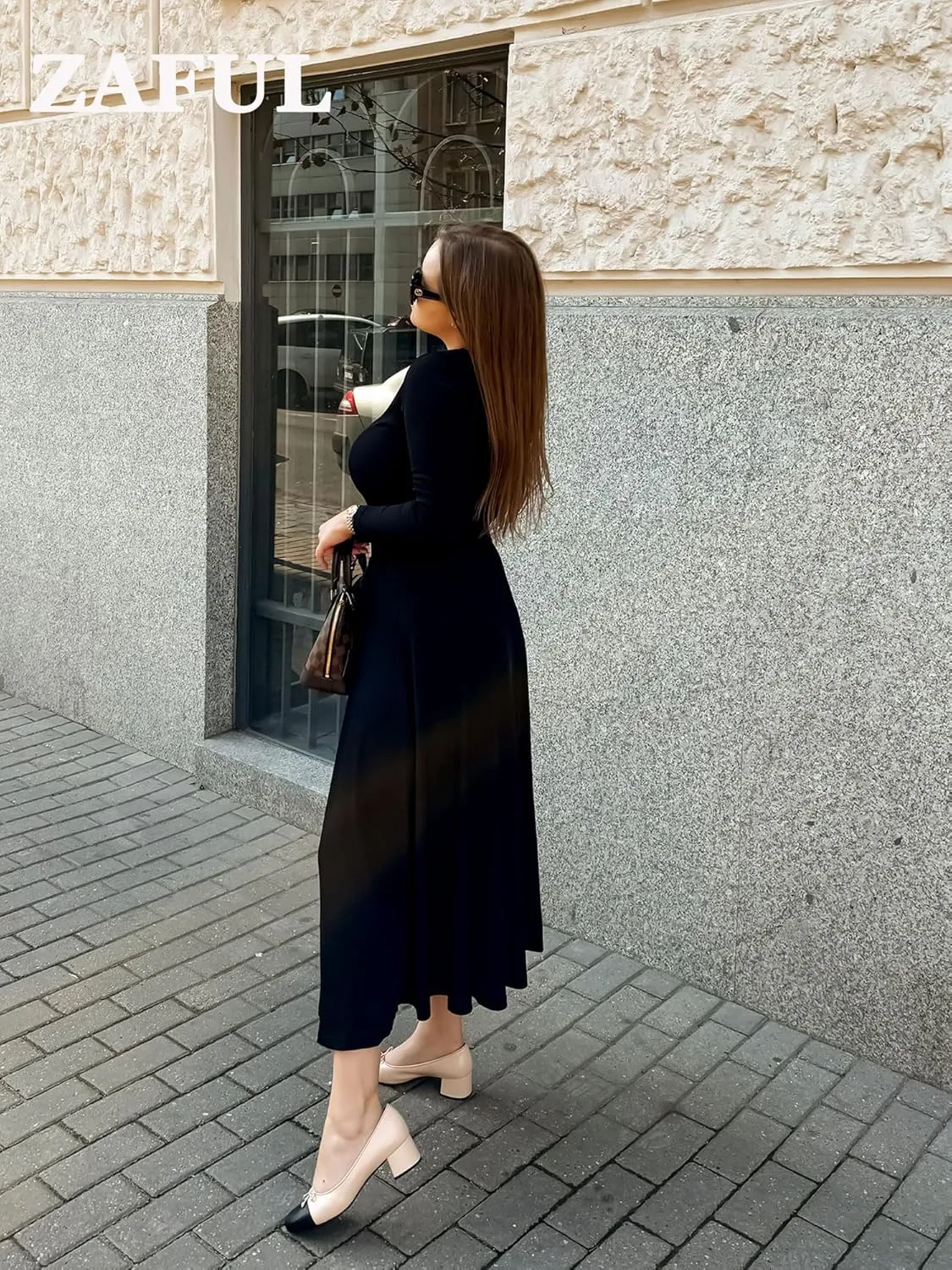 ZAFUL Two Piece Skirt Sets For Women 2024 Trendy Fall Outfits Square Neck Long Sleeve Crop Top Flowy Midi Skirt Set