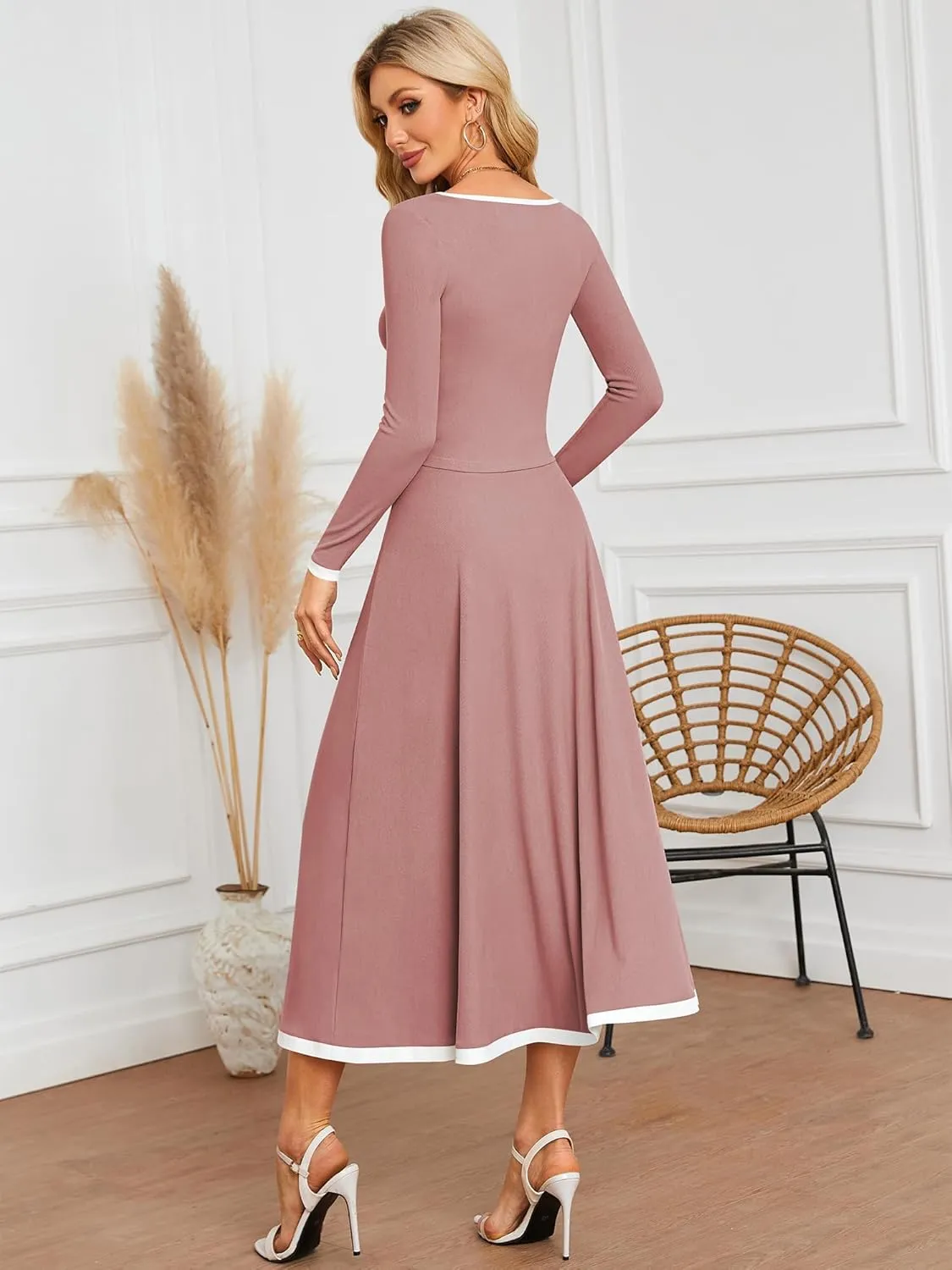 ZAFUL Two Piece Skirt Sets For Women 2024 Trendy Fall Outfits Square Neck Long Sleeve Crop Top Flowy Midi Skirt Set