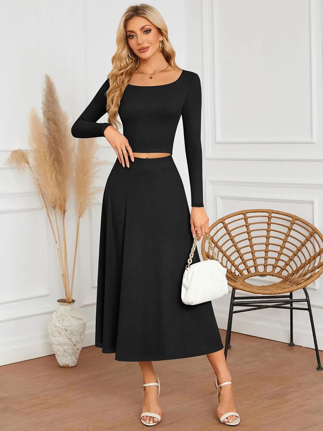 ZAFUL Two Piece Skirt Sets For Women 2024 Trendy Fall Outfits Square Neck Long Sleeve Crop Top Flowy Midi Skirt Set