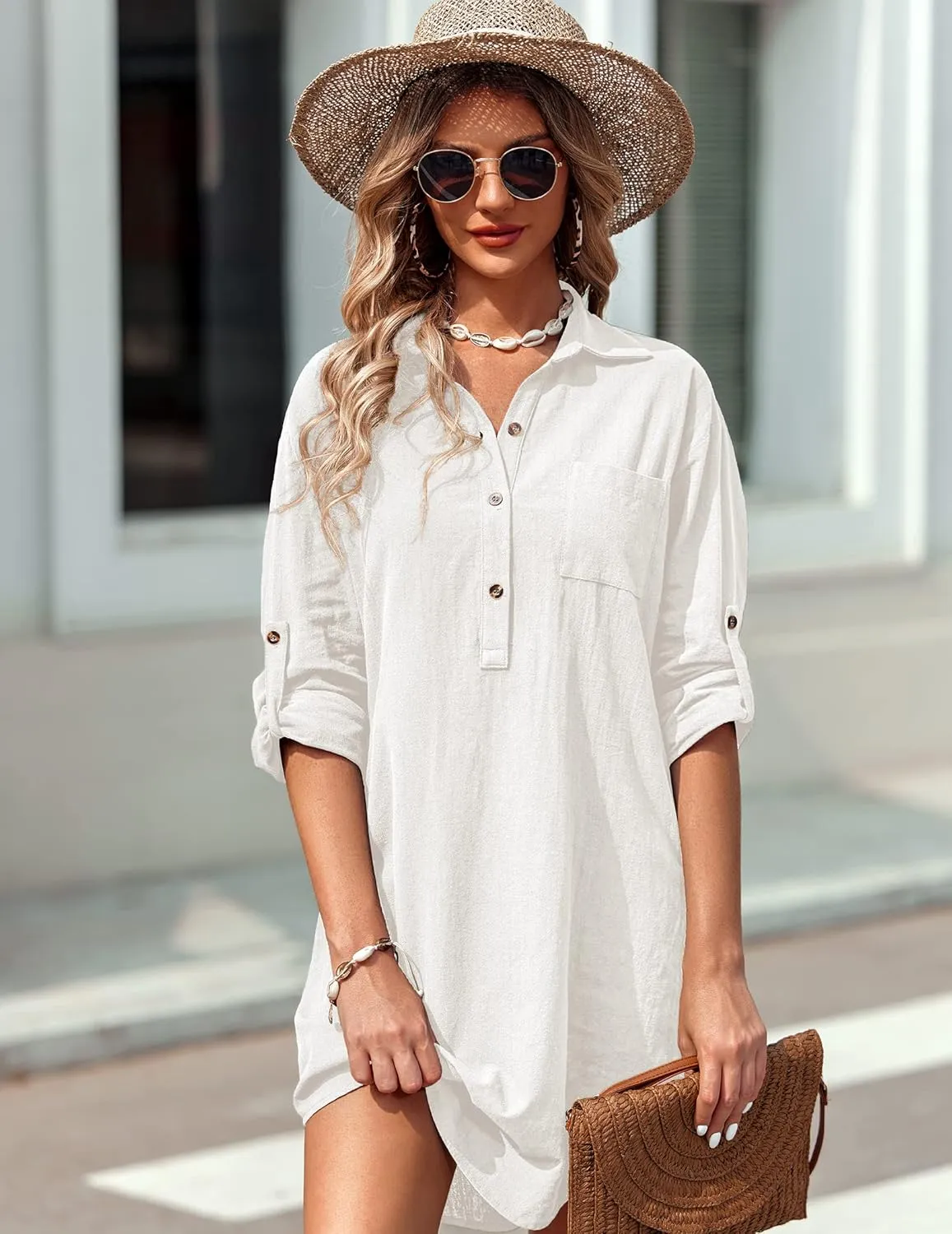 Zeagoo Women Summer Dress Cotton Linen Shirt Dress Button Down Tunic Dress Beach Cover Up Dress