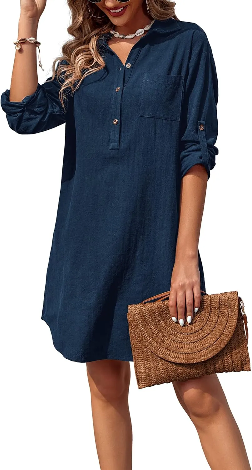 Zeagoo Women Summer Dress Cotton Linen Shirt Dress Button Down Tunic Dress Beach Cover Up Dress