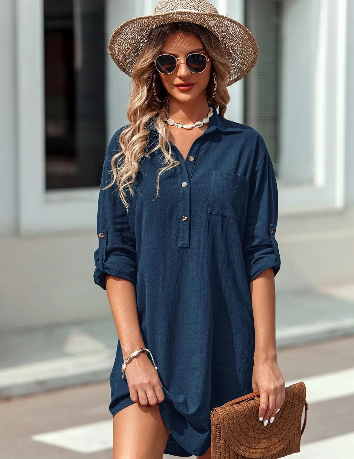 Zeagoo Women Summer Dress Cotton Linen Shirt Dress Button Down Tunic Dress Beach Cover Up Dress
