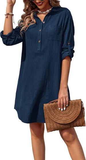 Zeagoo Women Summer Dress Cotton Linen Shirt Dress Button Down Tunic Dress Beach Cover Up Dress