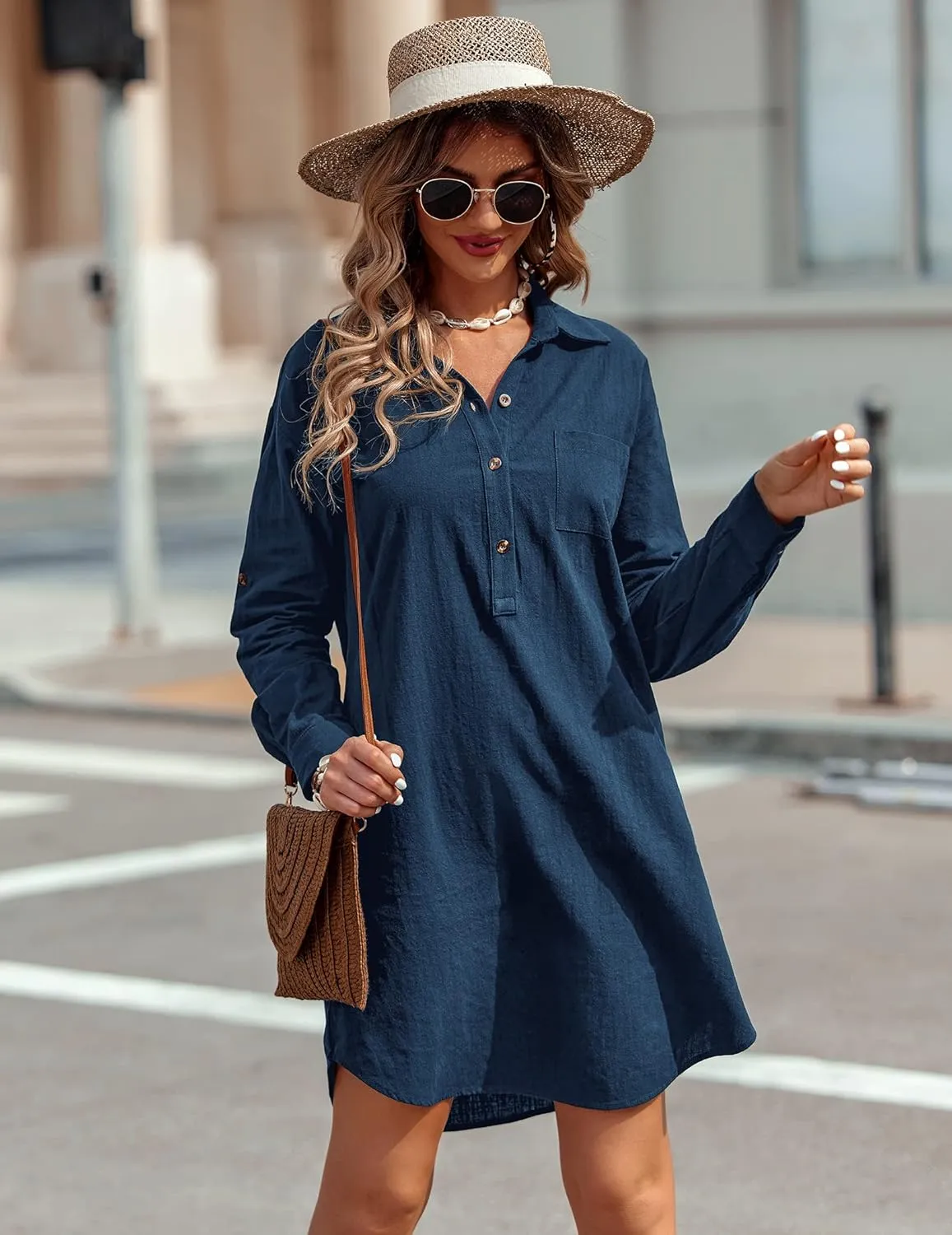 Zeagoo Women Summer Dress Cotton Linen Shirt Dress Button Down Tunic Dress Beach Cover Up Dress