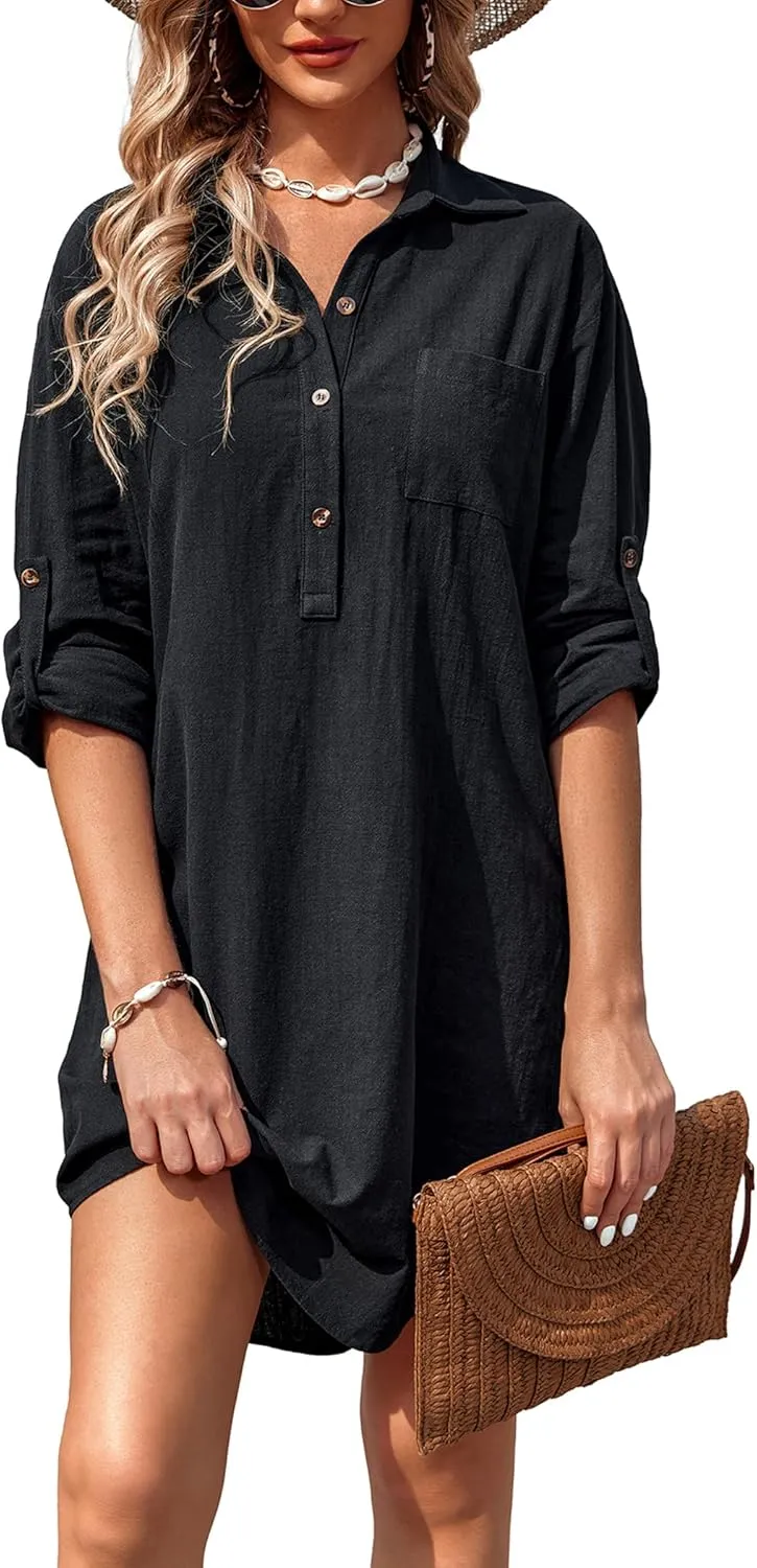 Zeagoo Women Summer Dress Cotton Linen Shirt Dress Button Down Tunic Dress Beach Cover Up Dress