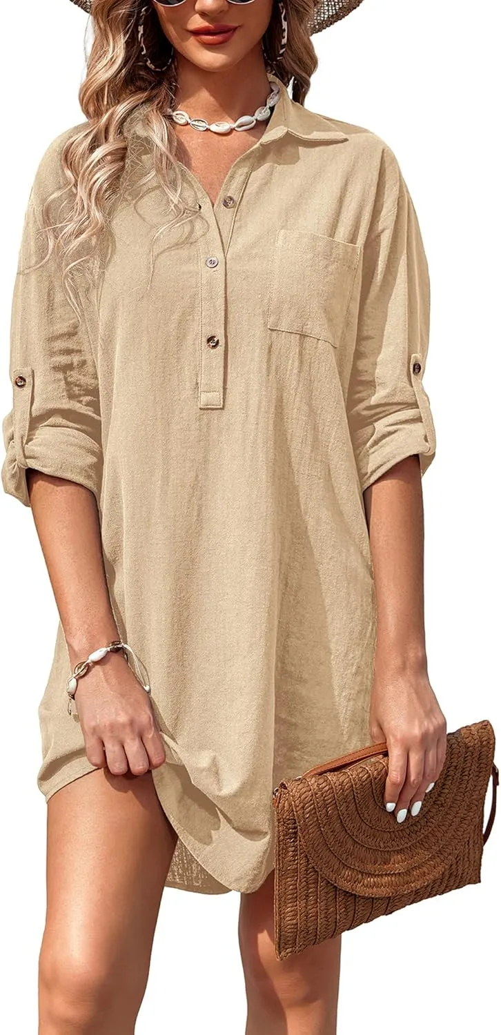 Zeagoo Women Summer Dress Cotton Linen Shirt Dress Button Down Tunic Dress Beach Cover Up Dress