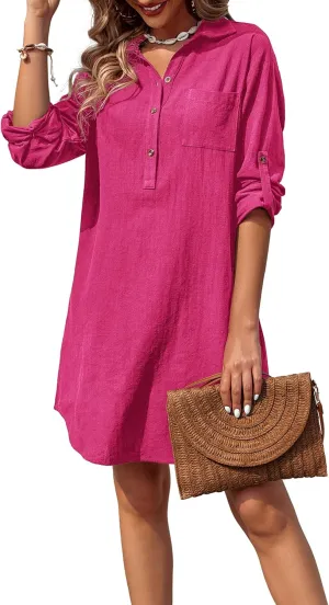 Zeagoo Women Summer Dress Cotton Linen Shirt Dress Button Down Tunic Dress Beach Cover Up Dress