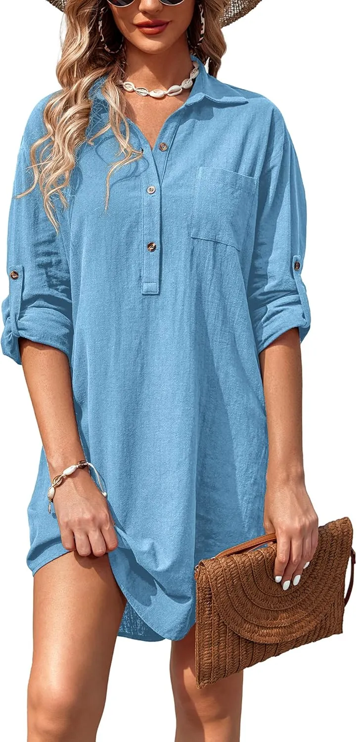 Zeagoo Women Summer Dress Cotton Linen Shirt Dress Button Down Tunic Dress Beach Cover Up Dress