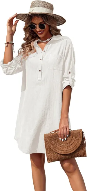 Zeagoo Women Summer Dress Cotton Linen Shirt Dress Button Down Tunic Dress Beach Cover Up Dress