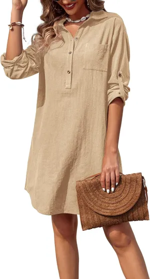 Zeagoo Women Summer Dress Cotton Linen Shirt Dress Button Down Tunic Dress Beach Cover Up Dress