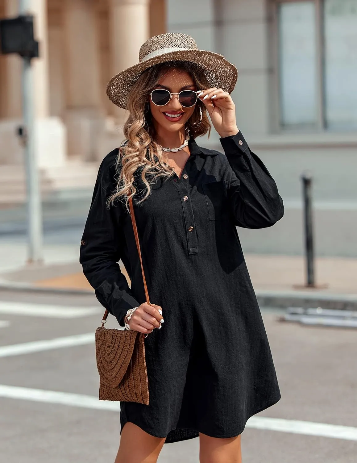 Zeagoo Women Summer Dress Cotton Linen Shirt Dress Button Down Tunic Dress Beach Cover Up Dress