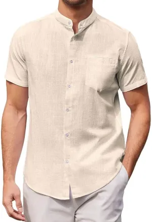 Zeiyignr Men's Banded Collar Beach Shirt Cotton Linen Casual Button Down Short Sleeve Shirts Summer Vacation Beach Shirts