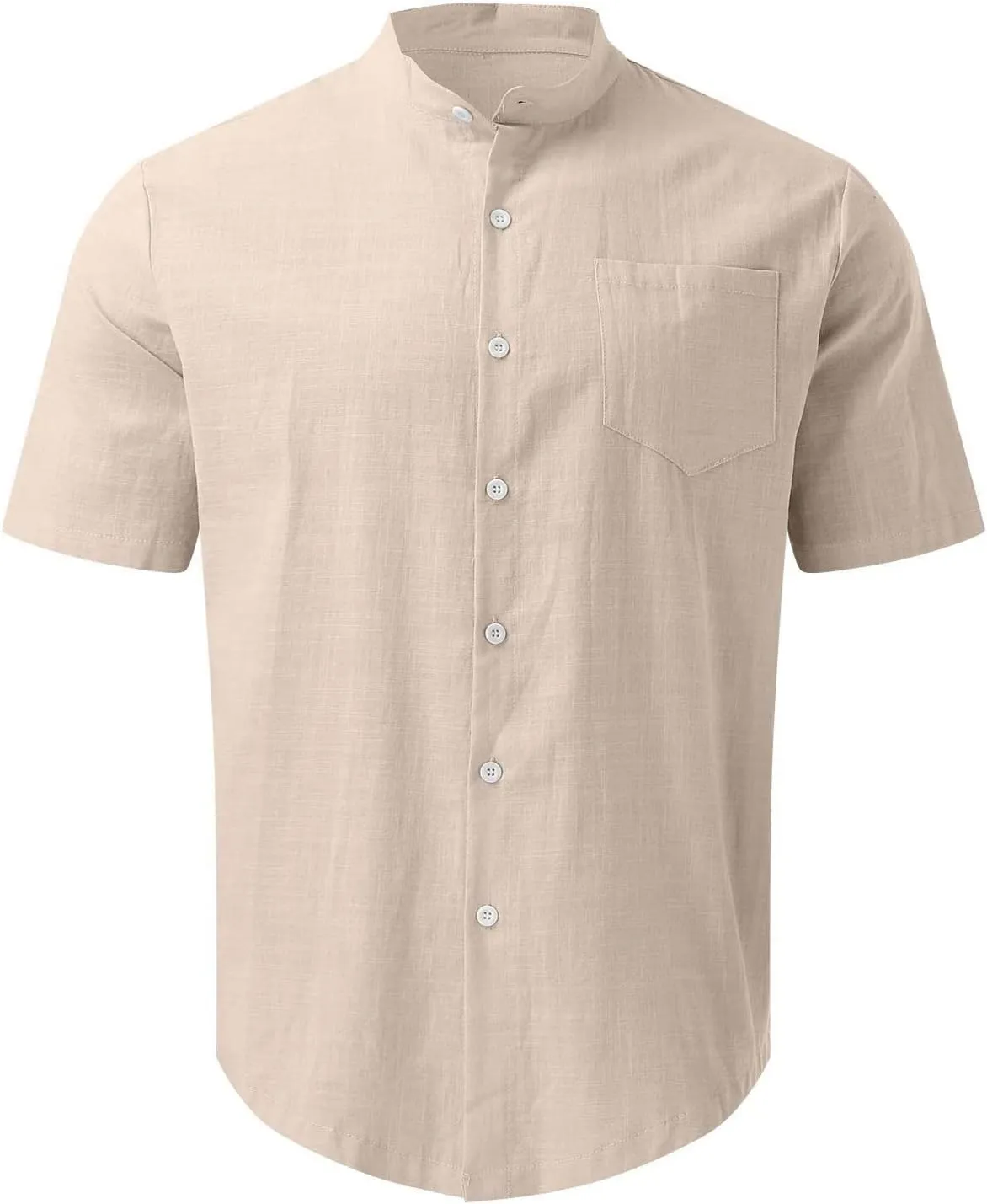 Zeiyignr Men's Banded Collar Beach Shirt Cotton Linen Casual Button Down Short Sleeve Shirts Summer Vacation Beach Shirts