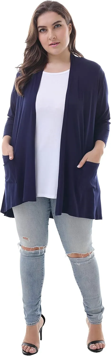 ZERDOCEAN Women's Plus Size 3/4 Sleeve Lightweight Soft Printed Drape Cardigan with Pockets