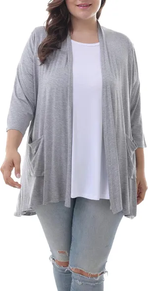 ZERDOCEAN Women's Plus Size 3/4 Sleeve Lightweight Soft Printed Drape Cardigan with Pockets