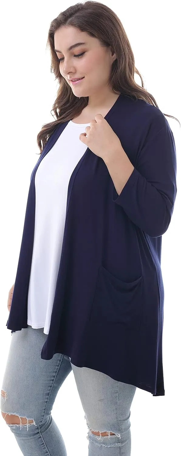 ZERDOCEAN Women's Plus Size 3/4 Sleeve Lightweight Soft Printed Drape Cardigan with Pockets