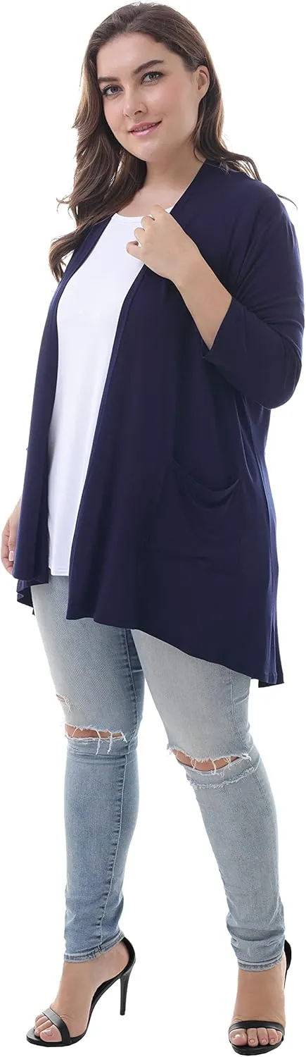 ZERDOCEAN Women's Plus Size 3/4 Sleeve Lightweight Soft Printed Drape Cardigan with Pockets