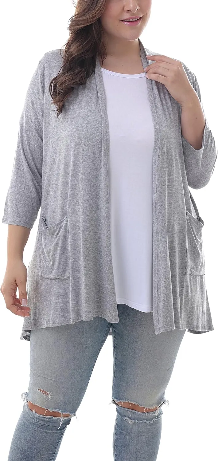 ZERDOCEAN Women's Plus Size 3/4 Sleeve Lightweight Soft Printed Drape Cardigan with Pockets