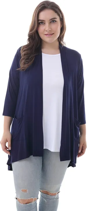 ZERDOCEAN Women's Plus Size 3/4 Sleeve Lightweight Soft Printed Drape Cardigan with Pockets
