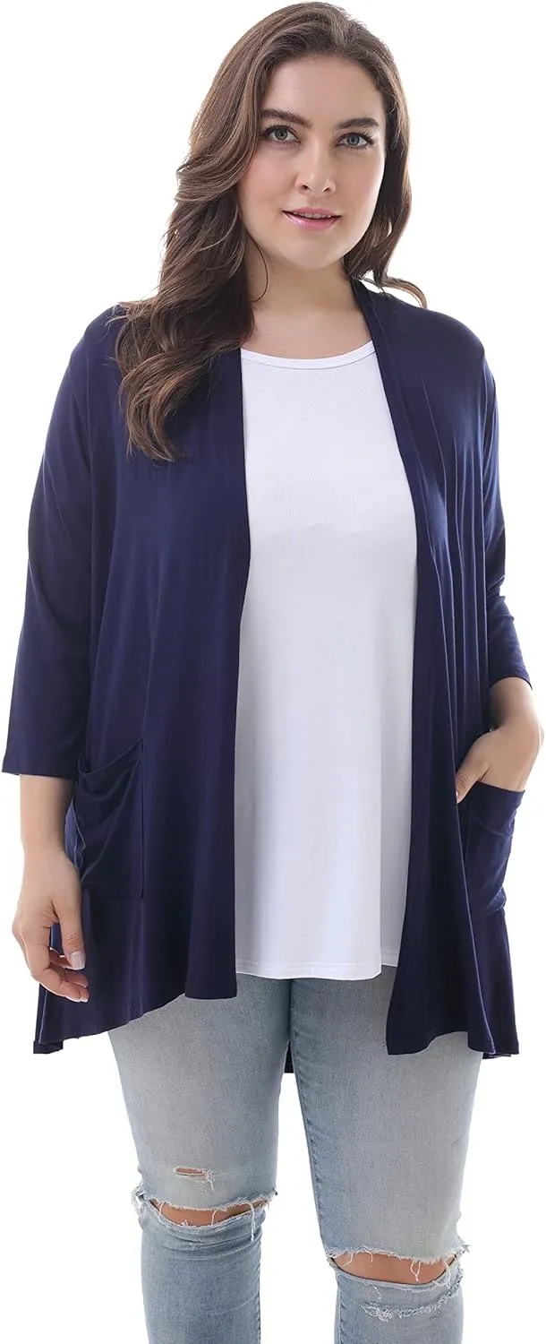 ZERDOCEAN Women's Plus Size 3/4 Sleeve Lightweight Soft Printed Drape Cardigan with Pockets