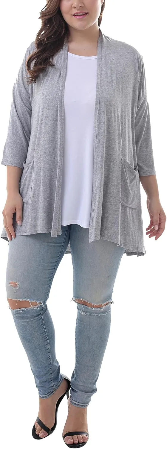 ZERDOCEAN Women's Plus Size 3/4 Sleeve Lightweight Soft Printed Drape Cardigan with Pockets