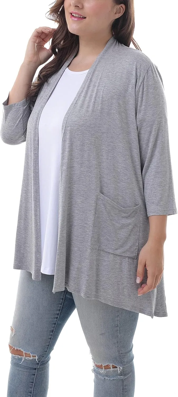 ZERDOCEAN Women's Plus Size 3/4 Sleeve Lightweight Soft Printed Drape Cardigan with Pockets