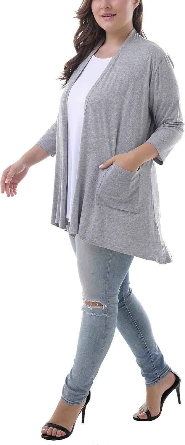 ZERDOCEAN Women's Plus Size 3/4 Sleeve Lightweight Soft Printed Drape Cardigan with Pockets