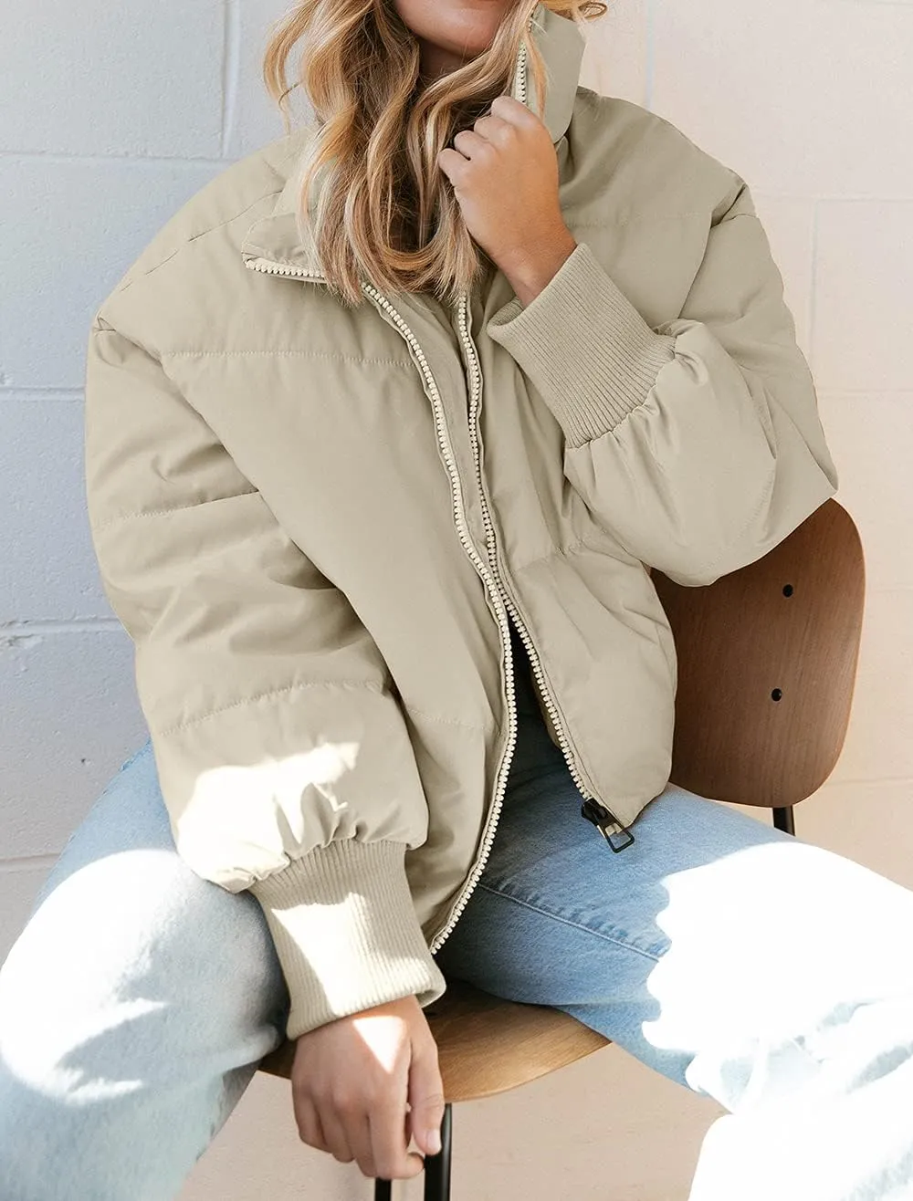 ZESICA Women's Winter Warm Long Sleeve Zip Up Drawstring Baggy Cropped Puffer Down Jacket Coat Outerwear