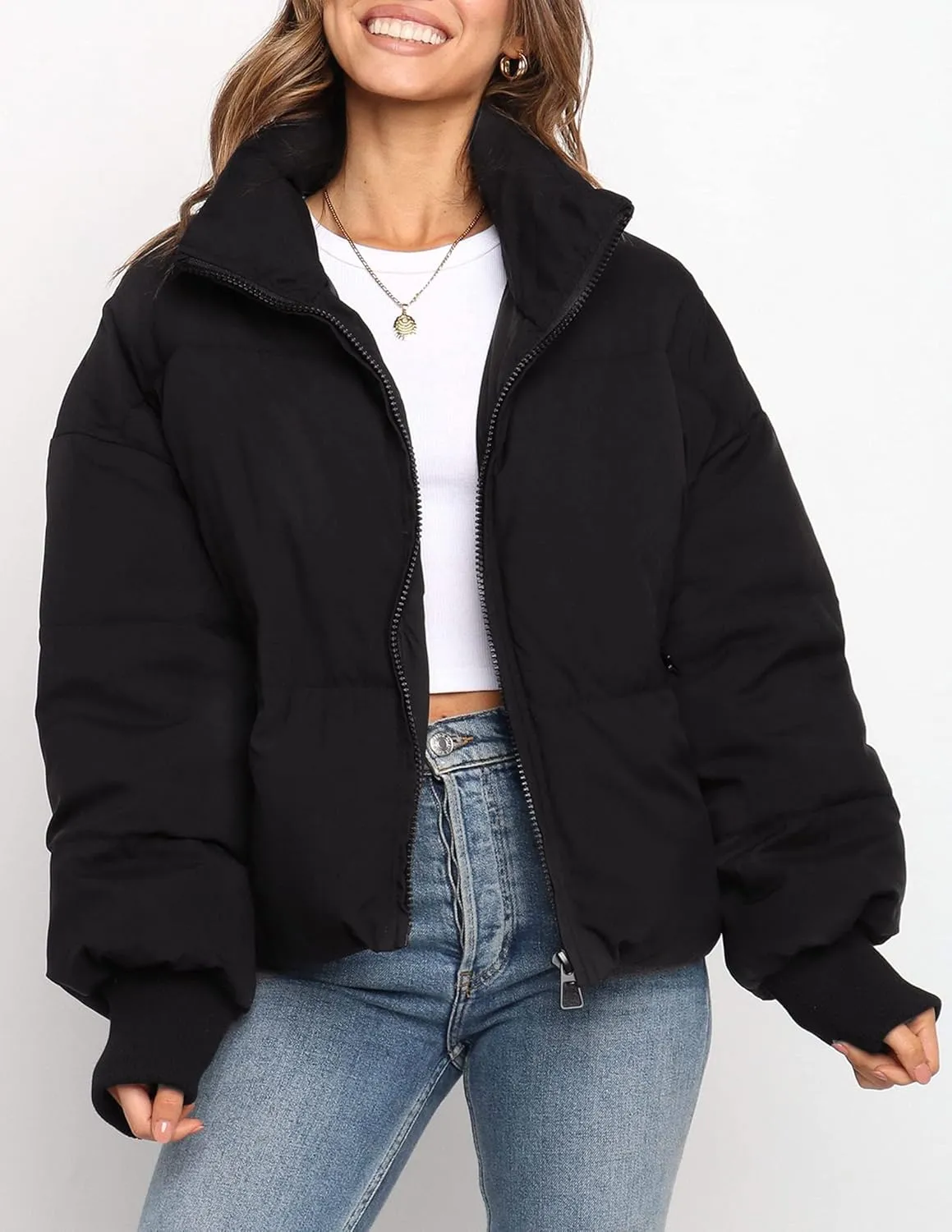 ZESICA Women's Winter Warm Long Sleeve Zip Up Drawstring Baggy Cropped Puffer Down Jacket Coat Outerwear