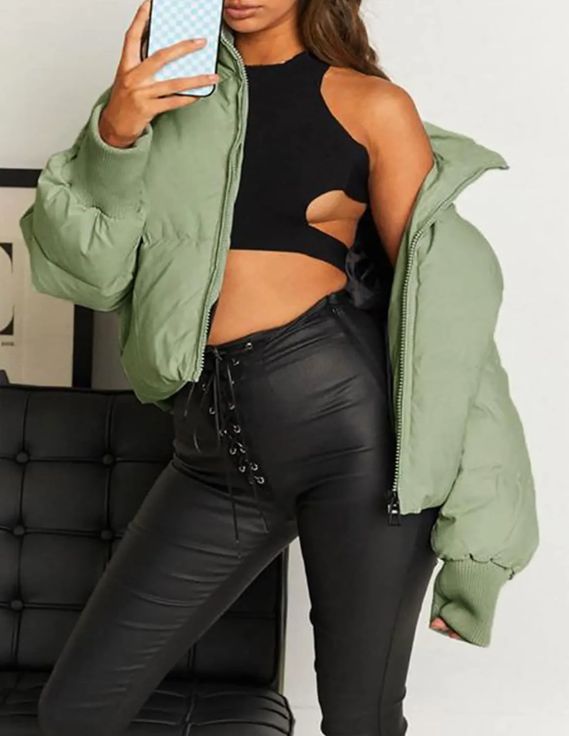 ZESICA Women's Winter Warm Long Sleeve Zip Up Drawstring Baggy Cropped Puffer Down Jacket Coat Outerwear