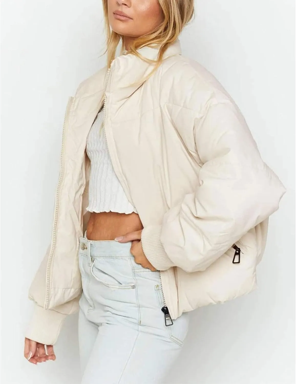 ZESICA Women's Winter Warm Long Sleeve Zip Up Drawstring Baggy Cropped Puffer Down Jacket Coat Outerwear