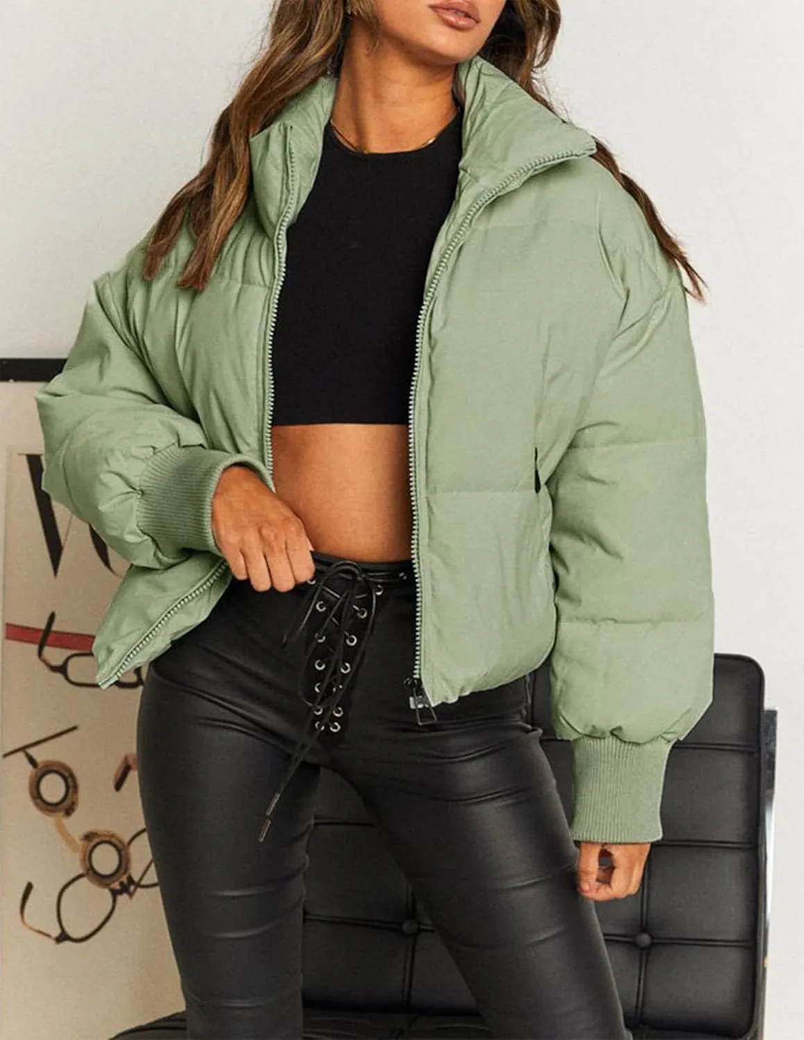 ZESICA Women's Winter Warm Long Sleeve Zip Up Drawstring Baggy Cropped Puffer Down Jacket Coat Outerwear