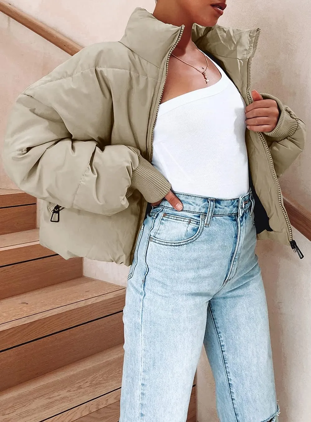 ZESICA Women's Winter Warm Long Sleeve Zip Up Drawstring Baggy Cropped Puffer Down Jacket Coat Outerwear