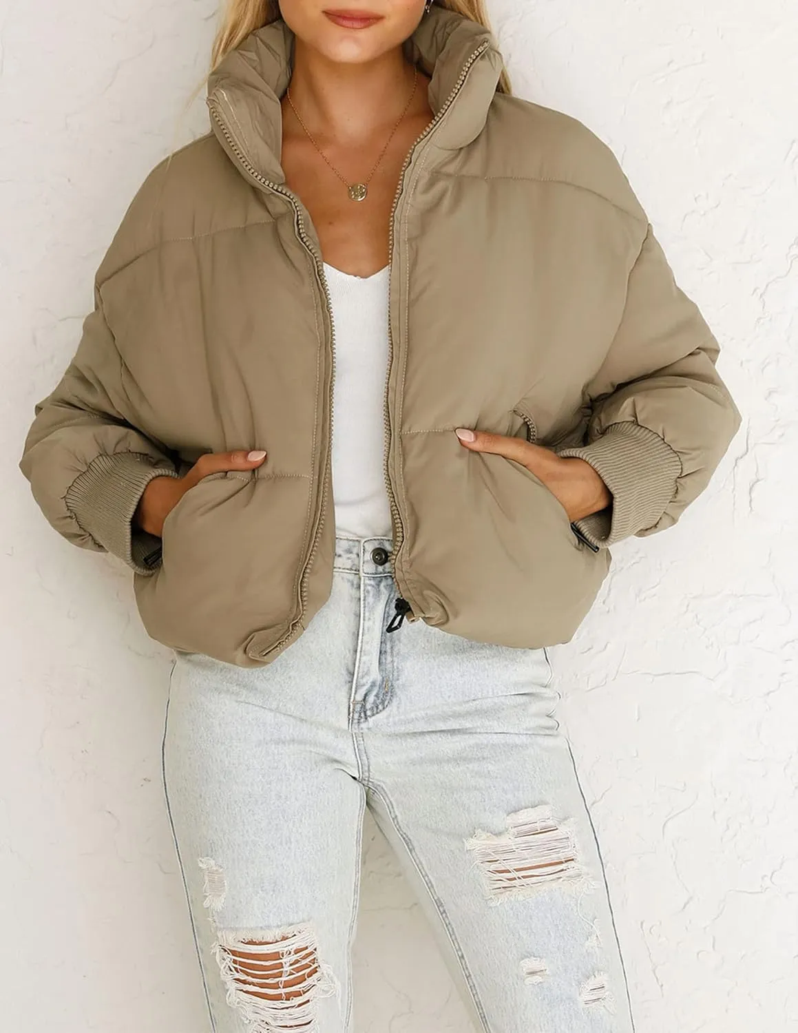 ZESICA Women's Winter Warm Long Sleeve Zip Up Drawstring Baggy Cropped Puffer Down Jacket Coat Outerwear