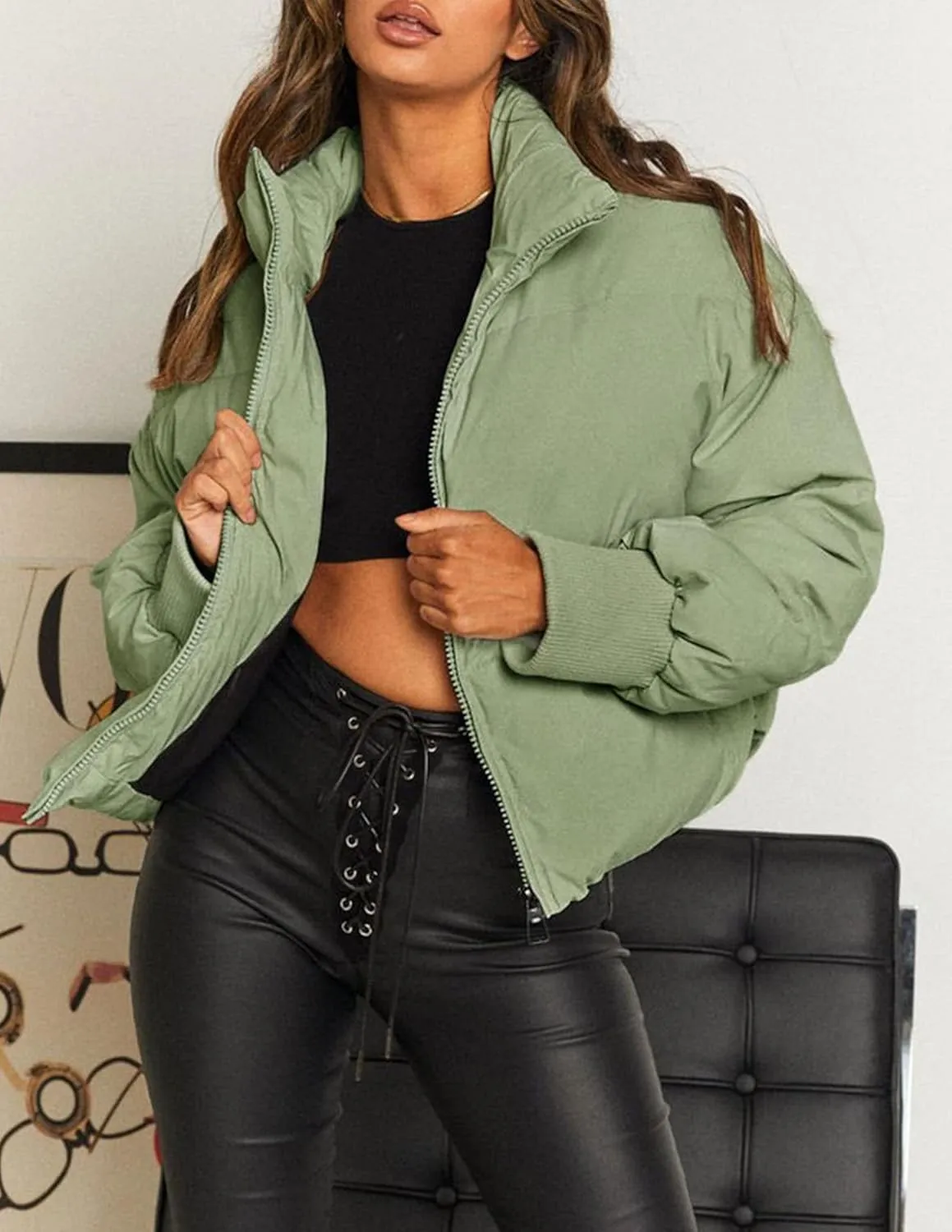 ZESICA Women's Winter Warm Long Sleeve Zip Up Drawstring Baggy Cropped Puffer Down Jacket Coat Outerwear
