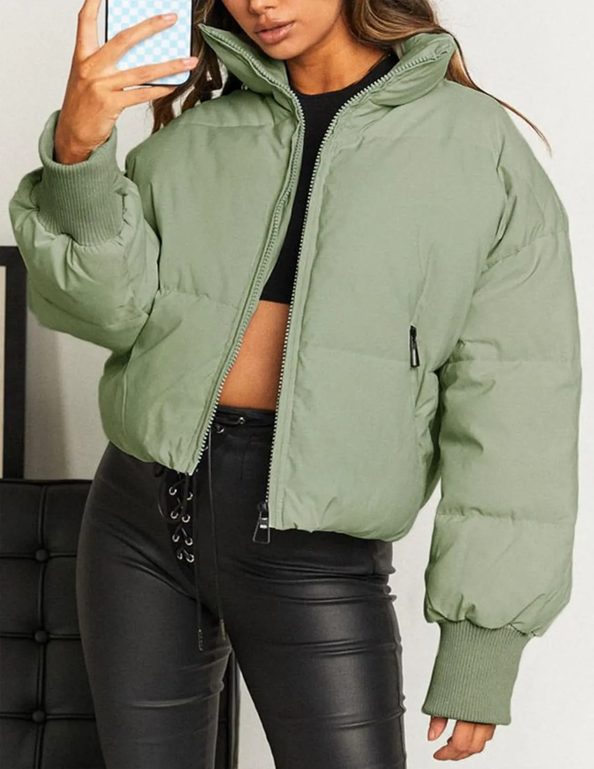 ZESICA Women's Winter Warm Long Sleeve Zip Up Drawstring Baggy Cropped Puffer Down Jacket Coat Outerwear