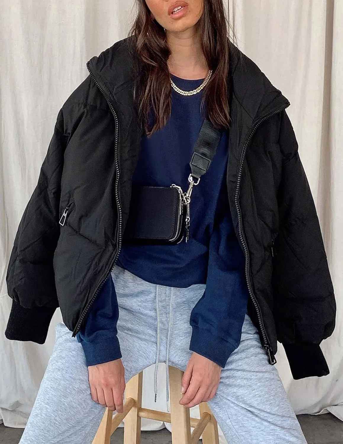 ZESICA Women's Winter Warm Long Sleeve Zip Up Drawstring Baggy Cropped Puffer Down Jacket Coat Outerwear