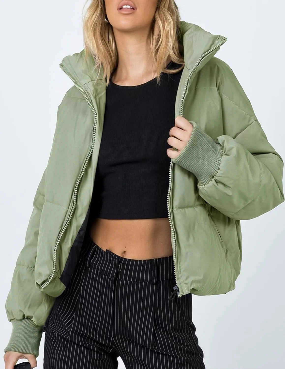 ZESICA Women's Winter Warm Long Sleeve Zip Up Drawstring Baggy Cropped Puffer Down Jacket Coat Outerwear
