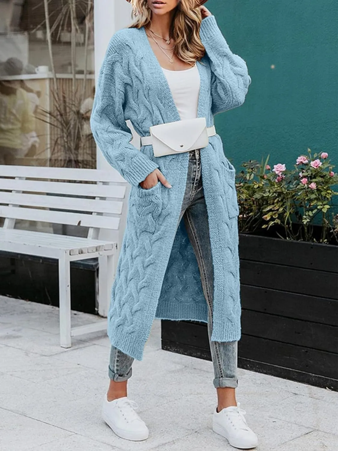 ZIWOCH Women's Long Cardigan Coats Cable Knit Casual Open Front Long Sleeve Loose Sweater with Pockets
