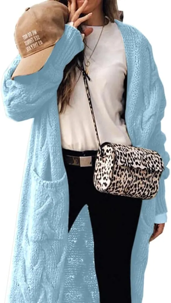 ZIWOCH Women's Long Cardigan Coats Cable Knit Casual Open Front Long Sleeve Loose Sweater with Pockets