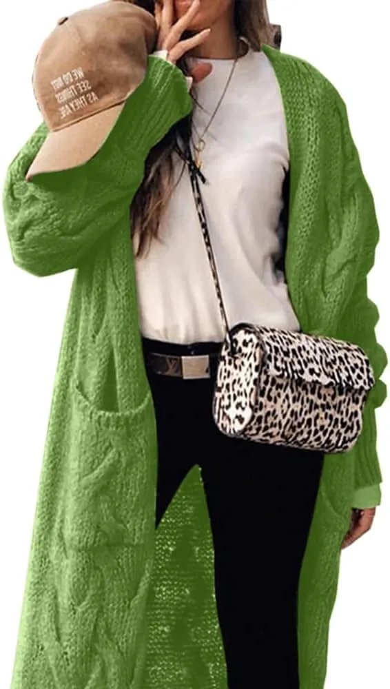 ZIWOCH Women's Long Cardigan Coats Cable Knit Casual Open Front Long Sleeve Loose Sweater with Pockets